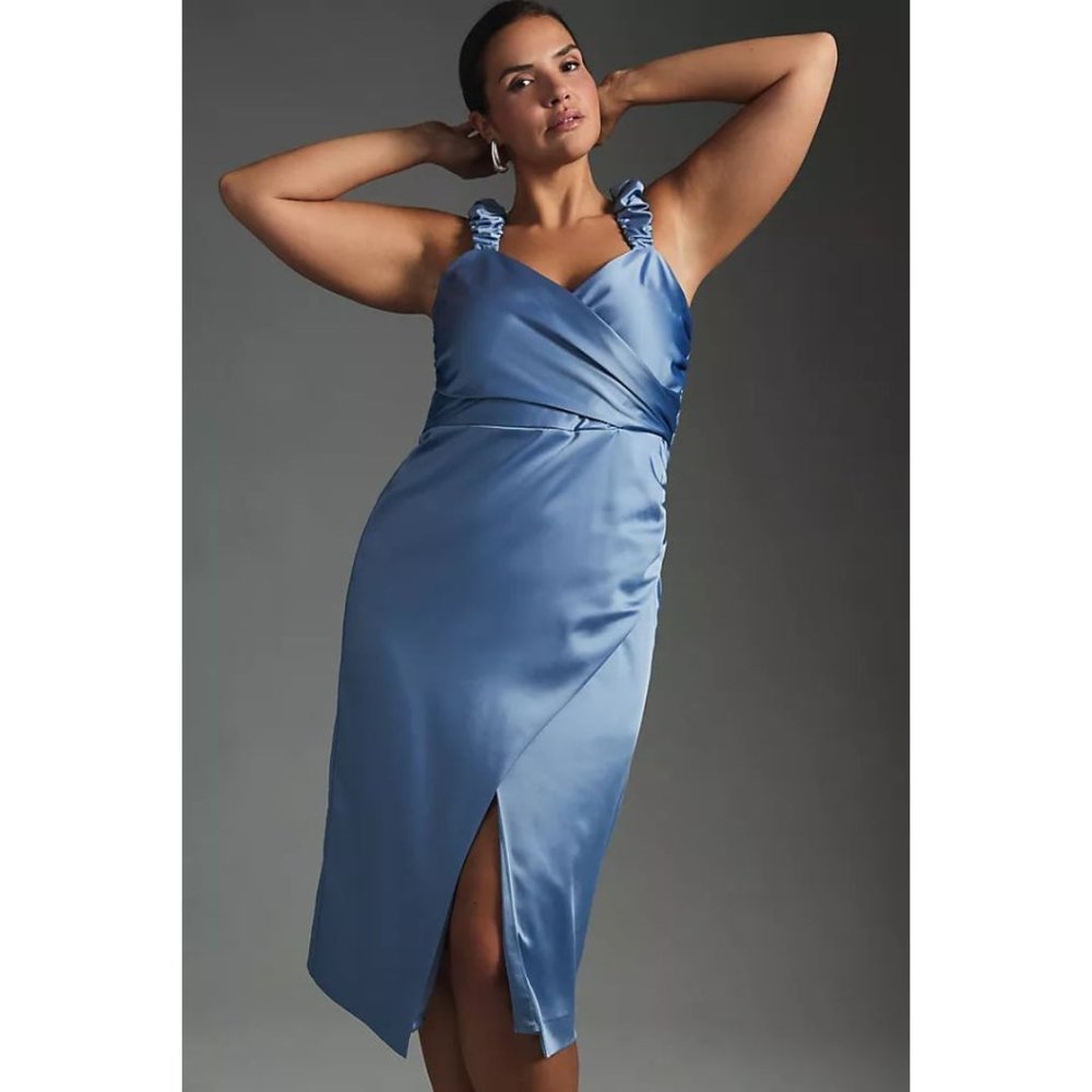 Anthropologie Satin Ruched Sweetheart Midi Dress Blue